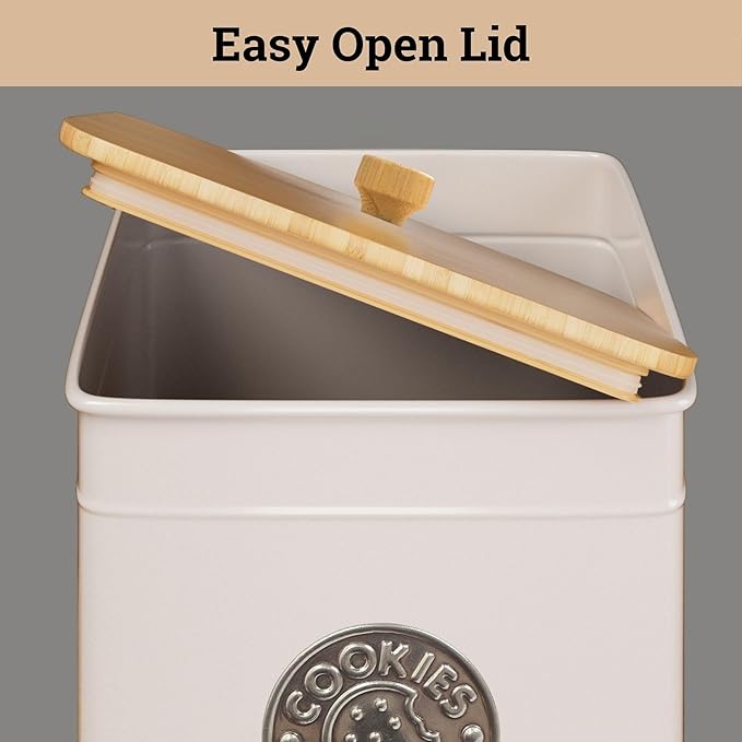 Cookie Jar with Airtight Lid - 1 Gallon - 6"D x 8"H White Iron Cookie Tin with Bamboo Lid - Large Cookie Jars with Lids Airtight - Farmhouse Cookie Jars for Kitchen Counter Decorative - Cookies Jar