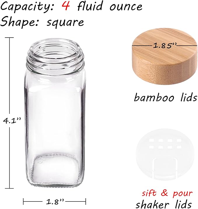 Churboro 48 Spice Jars with Labels- Spice Jars with Bamboo Lids - 4 Oz Glass Spice Containers with Shaker Lids, 547 Spice Labels of 3 Different Types Seasoning Jars for Spice Rack, Cabinet, or Drawer