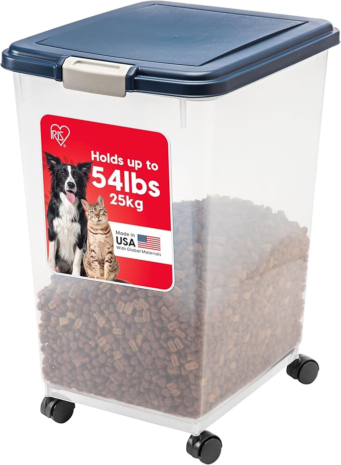IRIS USA Dog Food Storage Container, Up to 54 Pounds, Attachable Wheels, For Dog Cat Bird and Other Pet Food Storage Bin, Keep Fresh, Easy Mobility - Made in USA, Navy