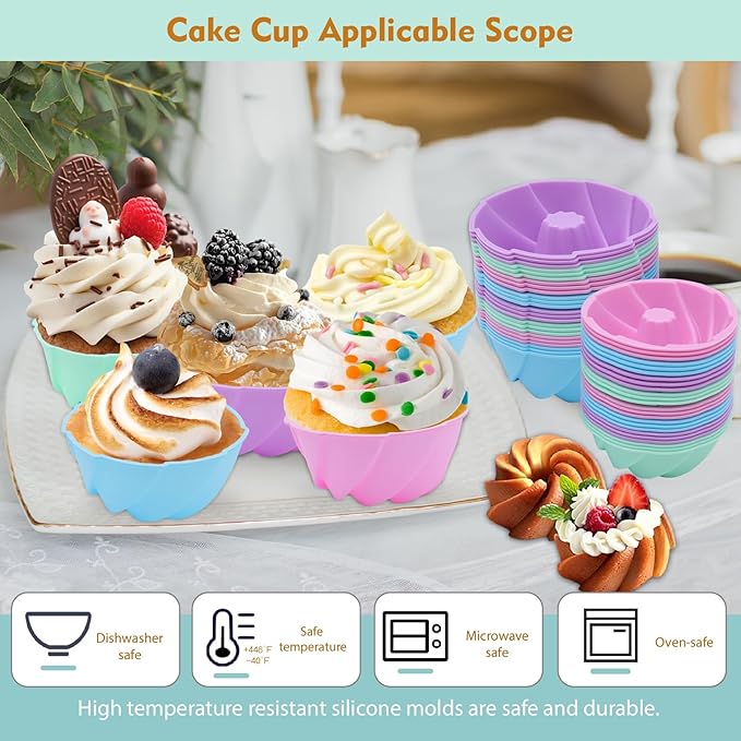 Tongjude 48 Pieces Donut Mold, 2.75" Diameter 0.98" Deep Mini Reusable Baking Cups, Non-Stick, 4 Shape Silicone Molds, Heat Resistant Bakeware for Bagel, Muffin, Jello and Cake Baking