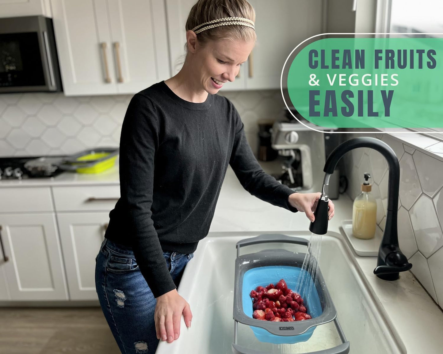 XL Large Kitchen Strainer by Comfify - Collapsible Silicone Over - The-Sink Colander with Extendable Handles - Use with Pasta, Fruit, Berries & Veggie - 6 Quart - Blue