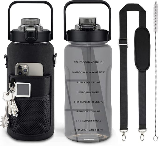 Half Gallon Water Bottle with Sleeve, 64OZ Motivational Water Bottle with Straw & Time Marker, BPA Free Leakproof Large Sports Water Bottle, Reusable Water Jug for Workout Gym Sport