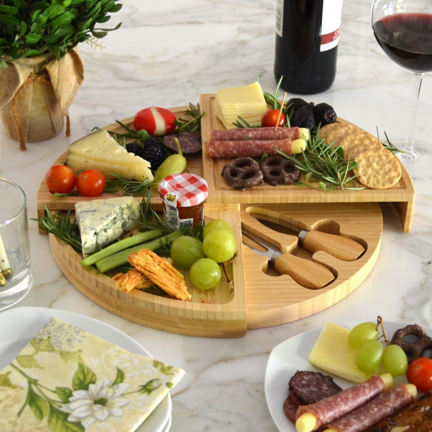 Picnic at Ascot Custom Personalized Engraved Bamboo Cheese/Charcuterie Board - US Patented Designed enables All in One Storage