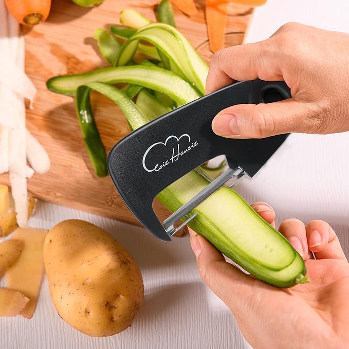 Kitchen Gadgets Set 5 Pieces, Space Saving Cooking Tools Kitchen Accessories - Fruit/Vegetable Peeler, Cheese/Chocolate Grater, Bottle Opener, Pizza Cutter, Garlic/Ginger Grinder Gift Set (Black)