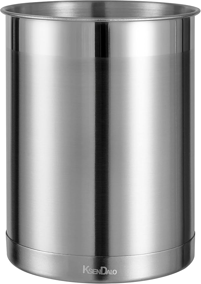 KSENDALO 3 Pack Stainless Steel Utensil Holder for Counter, Brushed Silver Metal Utensil Crock Canister with Heavy Base, Dishwasher Safe, for Kitchen Countertop Storage