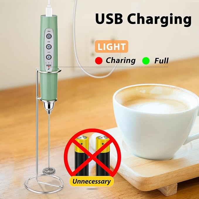 Sakgos Milk Frother with Stand Rechargeable-Handheld Coffee Frother with 3 Stainless Whisks 3 Speed Adjustable, Electric Whisk Drink Mixer, Foam Maker Blender for Matcha Latte Cappuccino Chocolate