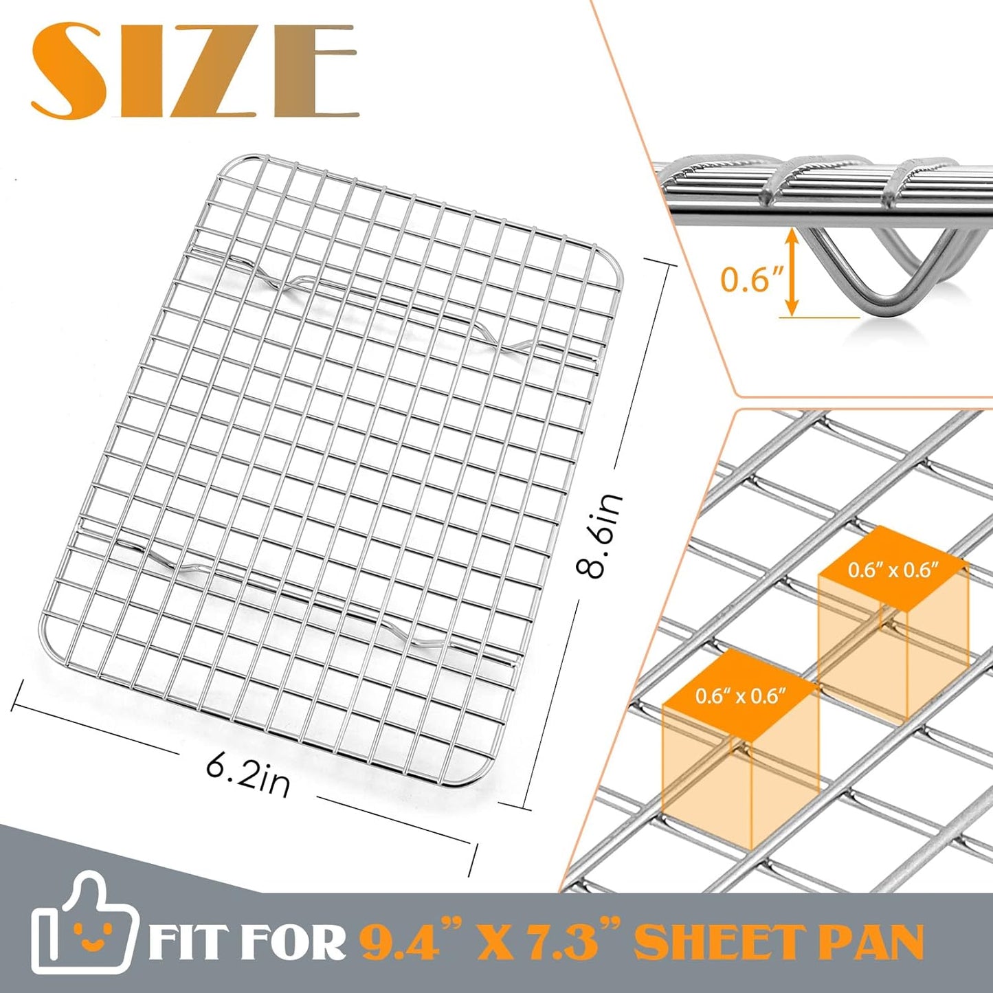 Small Baking Cooling Rack Set of 2, E-far Stainless Steel Toaster Oven Rack for Cooking Roasting Grilling Meat, 8.6” x 6.2” Metal Bakeable Wire Racks for Cookie Cake Bacon - Dishwasher Safe