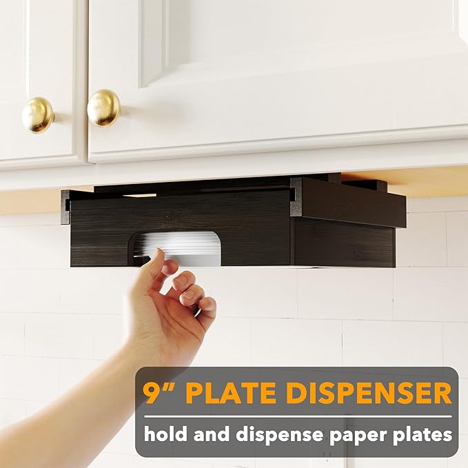 SpaceAid 9-inch Paper Plate Dispenser (Need 10.2 Inches Deep Cabinet Space) Under Cabinet Bamboo Plates Holder, Kitchen Vertical Dipensers Caddy, Black