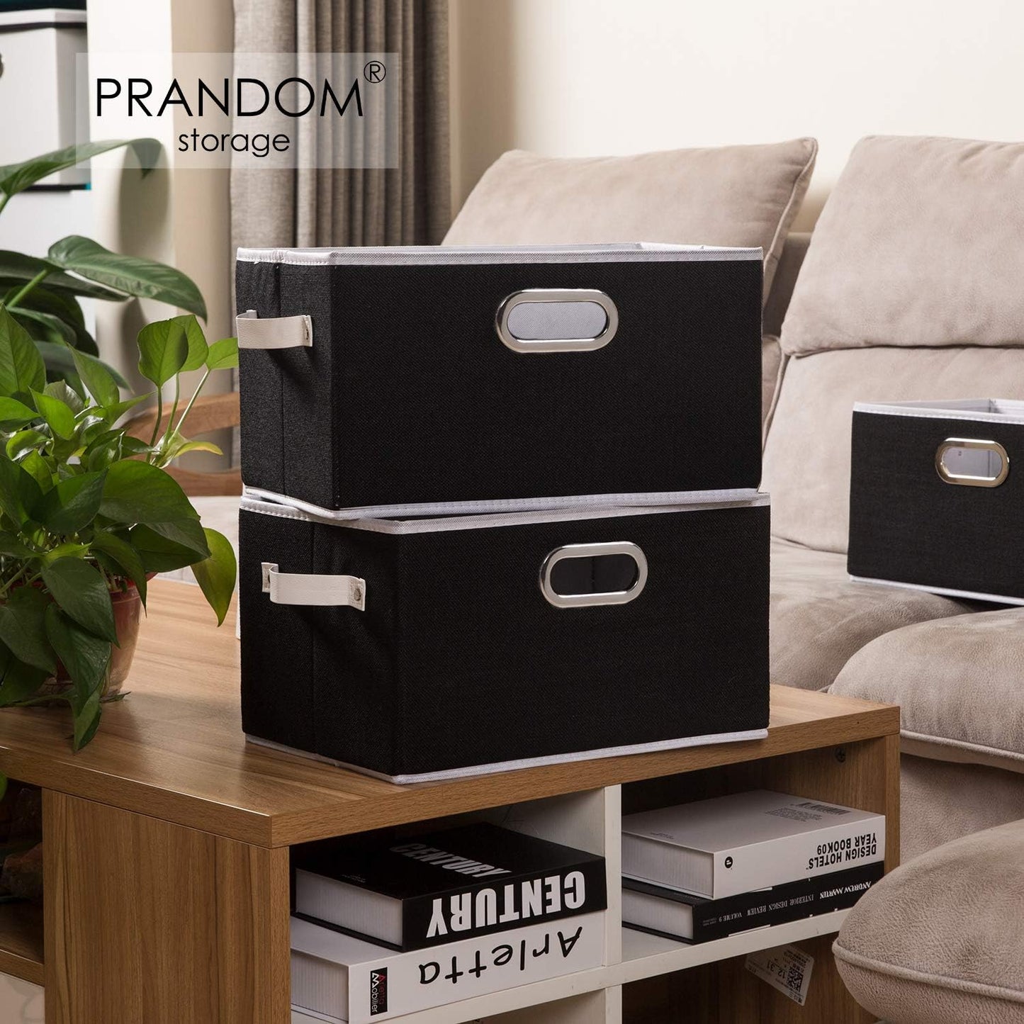 PRANDOM Larger Collapsible Storage Bins for Closet [5-Pack] Decorative Linen Fabric Storage Baskets Cubes with Leather/Metal Handles for Living Room Black (17.3x12.2x10.4 Inch)