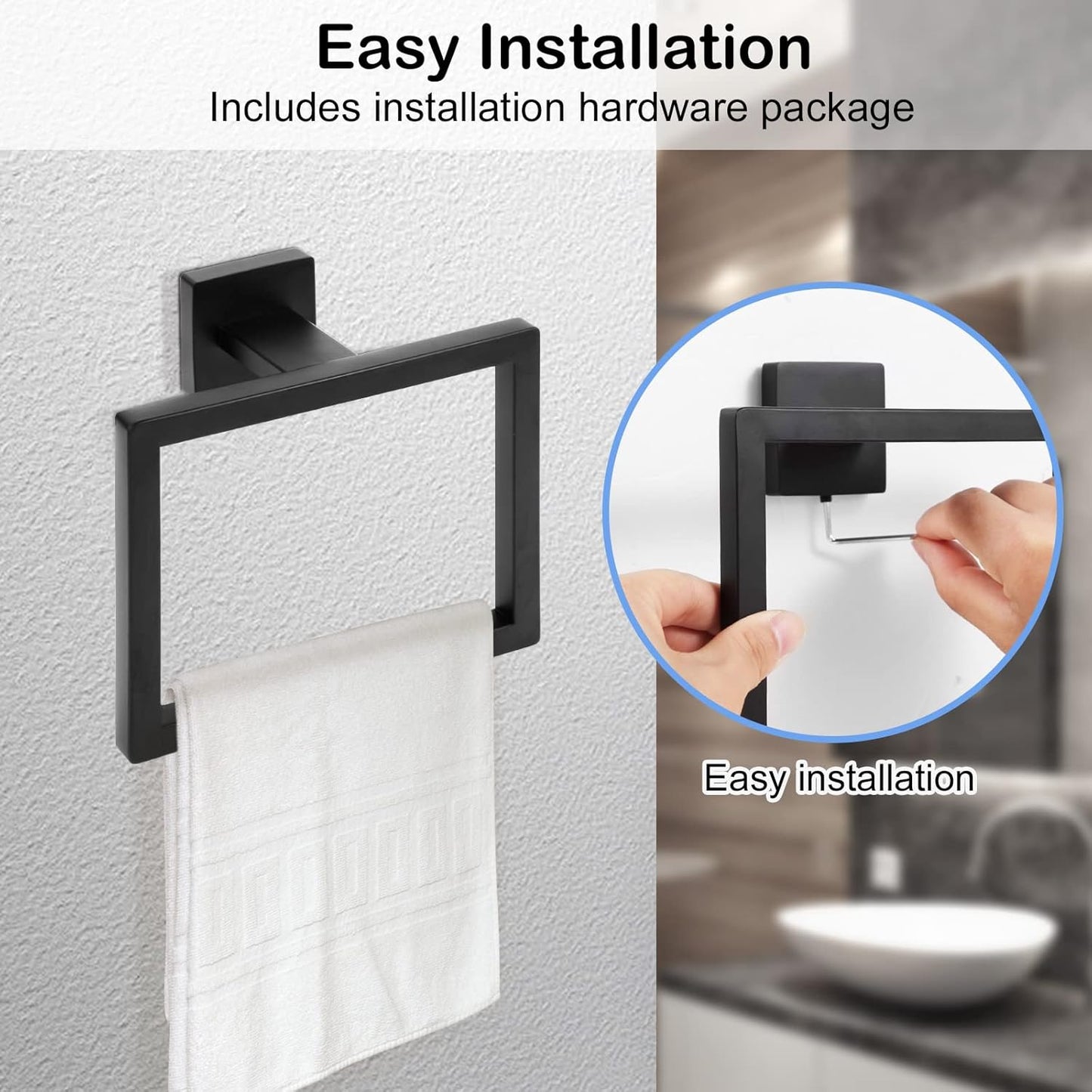 Matte Black Towel Ring,Square Hand Towel Holder,Towel Hanger, Bathroom Hardware Accessories,SUS 304 Stainless Steel Wall-Mounted
