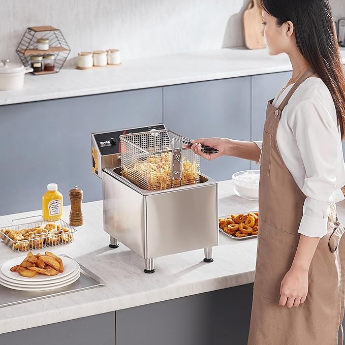 VEVOR Commercial Deep Fryer, 1750W Electric Countertop Fryer with Basket & Height-Adjustable Feet, 12Qt / 11.5L Stainless Steel Single Oil Fryer, Temp Control, Overheat Protection, for Restaurant Use