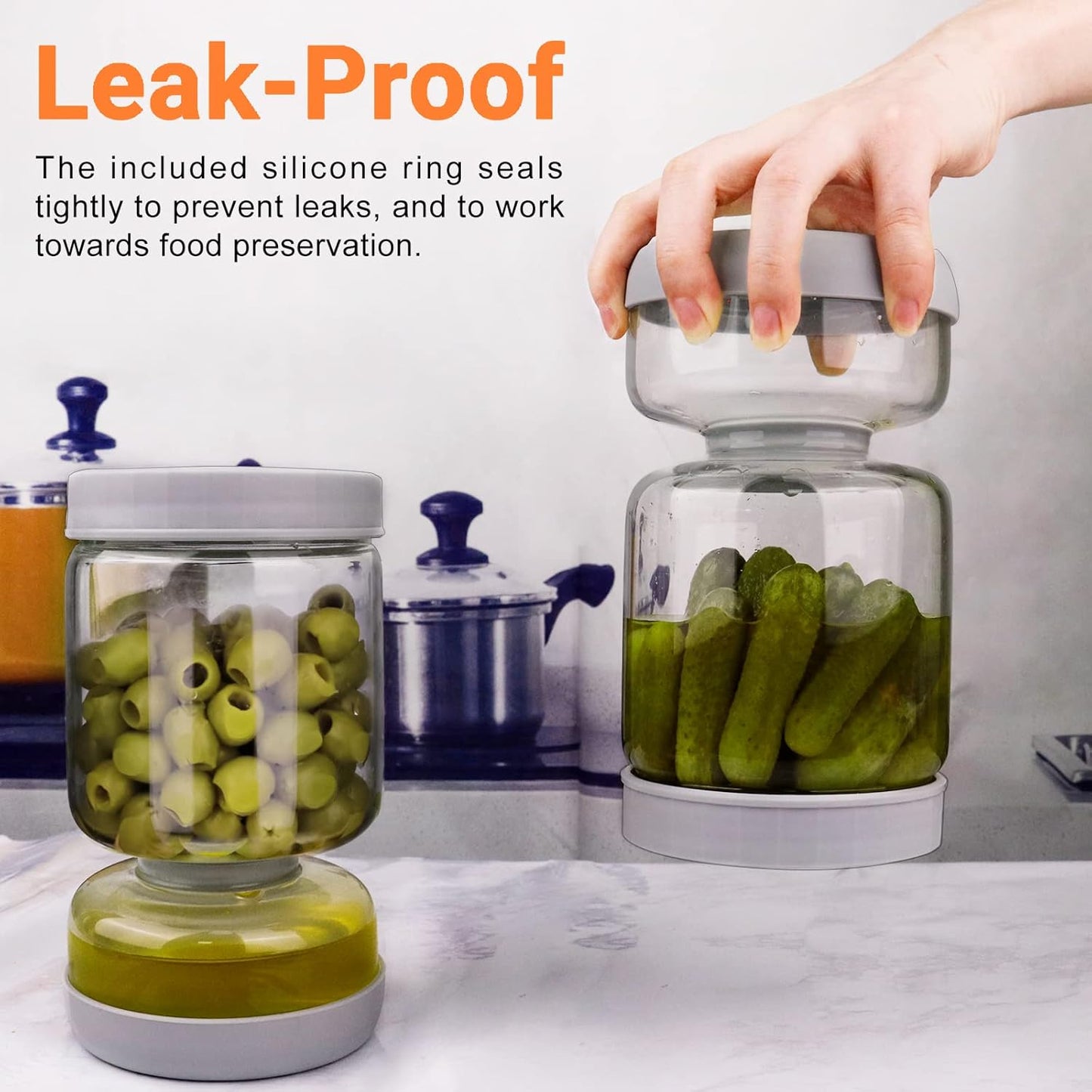 Pickle Jar, Pickle and Olive Hourglass Jar Pickle Juice Separator from Wet and Dry, Upgrade Food-grade ABS Lid and BPA Free Hourglass Pickle Jar for Airtight Food Storage 2 Pack