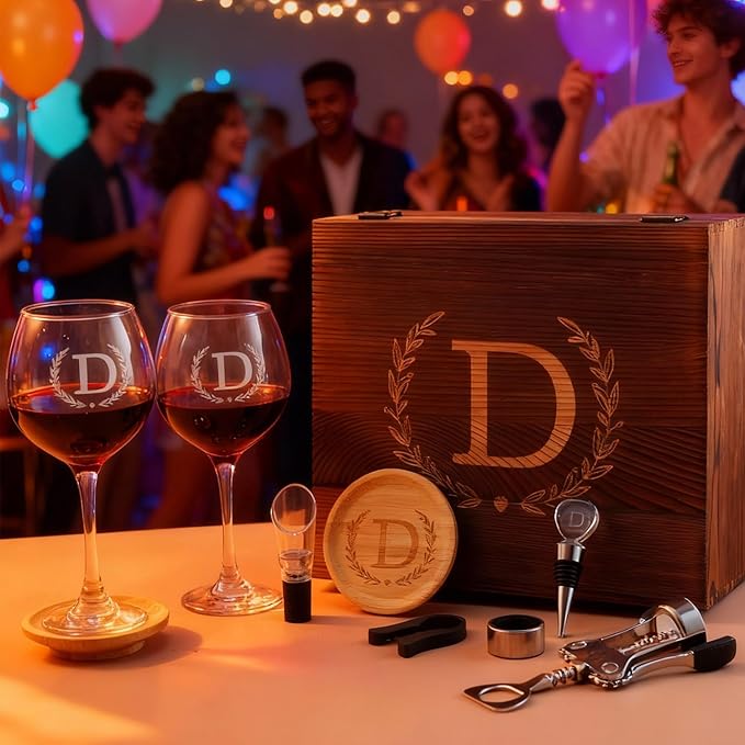 GZLDGIFTS Personalized Initial Wine Glasses Box Gift Set For Women Mom Engraved Birthday Monogrammed Wooden Christmas Gifts Wedding Anniversary Wine Couples Stopper Opener Initial Letterr (M Set)