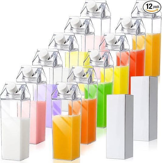 Cunhill 12 Pcs 17 oz Milk Carton Water Bottles Plastic Clear Milk Bottles Portable Reusable Leakproof Carton Water Container Juice Tea Jug for Travelling Sports Camping Outdoor Activities
