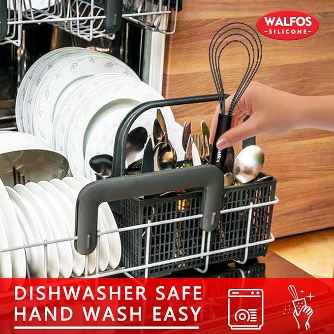 Walfos Silicone Flat Whisk,11inch Flat Whisk Non Scratch Coated Flat Whisks for Cooking.Great for Ceramic Coated pans and Wider shallower pots.Black