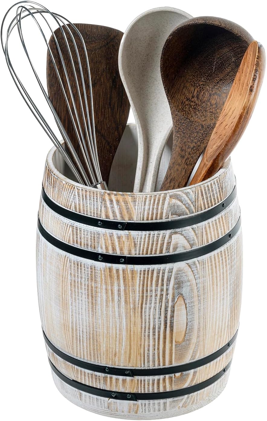 MyGift Wine Barrel Design Kitchen Utensil Holder Crock, Vintage White Washed Solid Wood Cooking Utensils Organizer