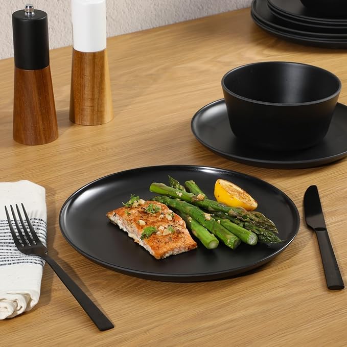 Gibson Home Fairhope 12-Piece Matte Black Melamine Dinnerware Set – Durable Lightweight Plates and Bowls, Kitchen Dining Set