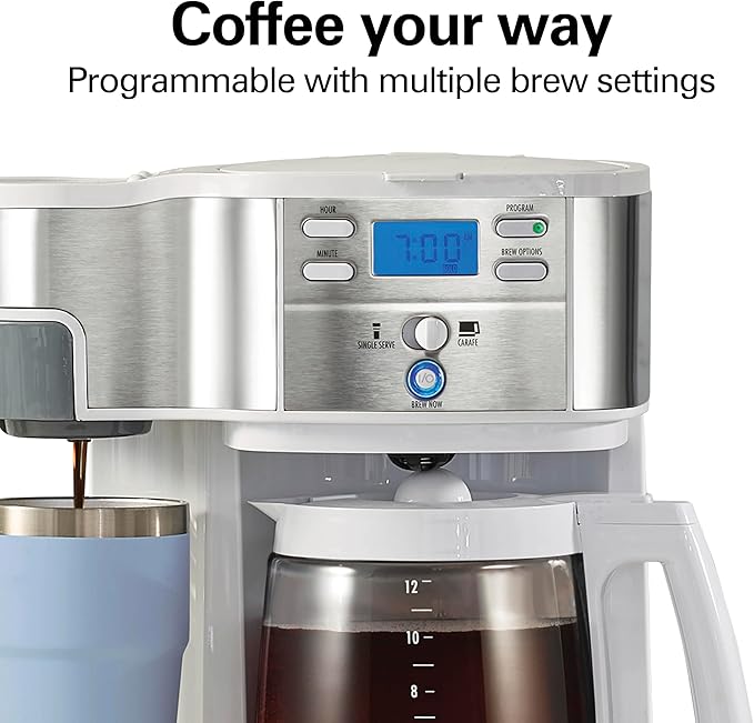 Hamilton Beach 2-Way Programmable Coffee Maker, 12 Cup Glass Carafe And Single Serve Coffee Maker, White with Stainless Steel Accents, 49933