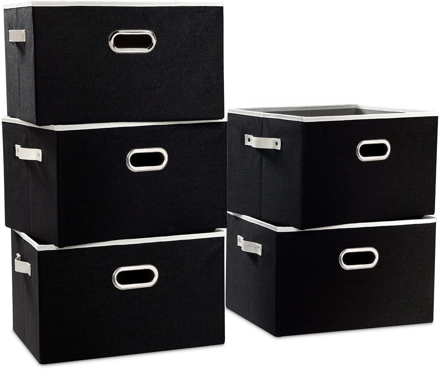 PRANDOM Larger Collapsible Storage Bins for Closet [5-Pack] Decorative Linen Fabric Storage Baskets Cubes with Leather/Metal Handles for Living Room Black (17.3x12.2x10.4 Inch)