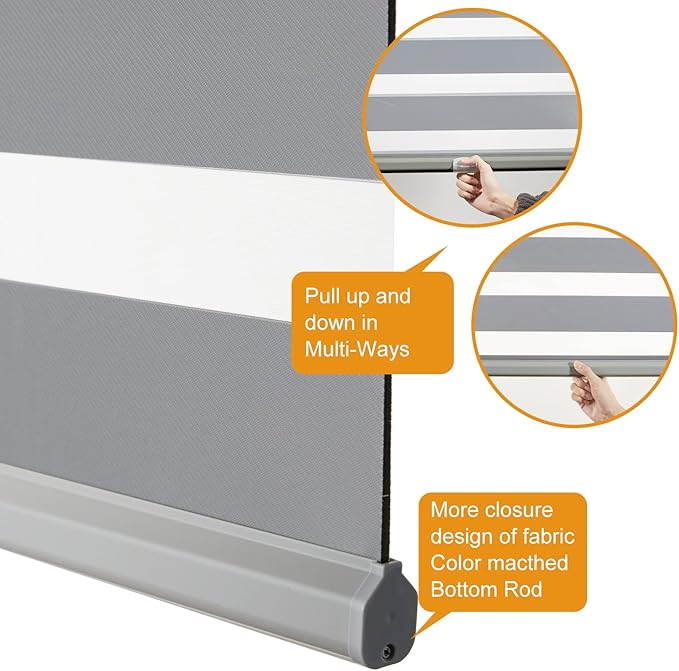 Persilux Cordless Zebra Blinds for Windows (31" W X 64" H, Grey) Free-Stop Roller Windows Shades Dual Layer Light Control for Day and Night, Light Filtering Sheer Shades for Home