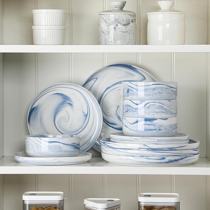 MALACASA Plates and Bowls Sets, 12 Pieces Porcelain Dinnerware Sets Dishware Sets Chip Resistant Ceramic Dish Set Dining Dinner Ware Service for 4, Marble Blue, Series LUNA