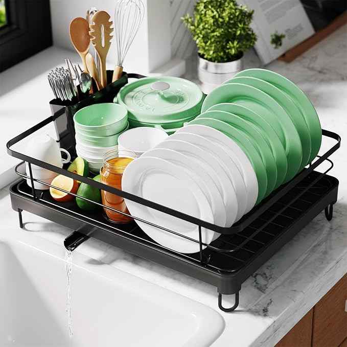 Kitsure Dish Drying Rack for Kitchen Counter, Stainless Steel Sink Organization and Storage Essentials with Cutlery Holder, Home and Appartment Decor, 12.7''W x 16.7''L, Black