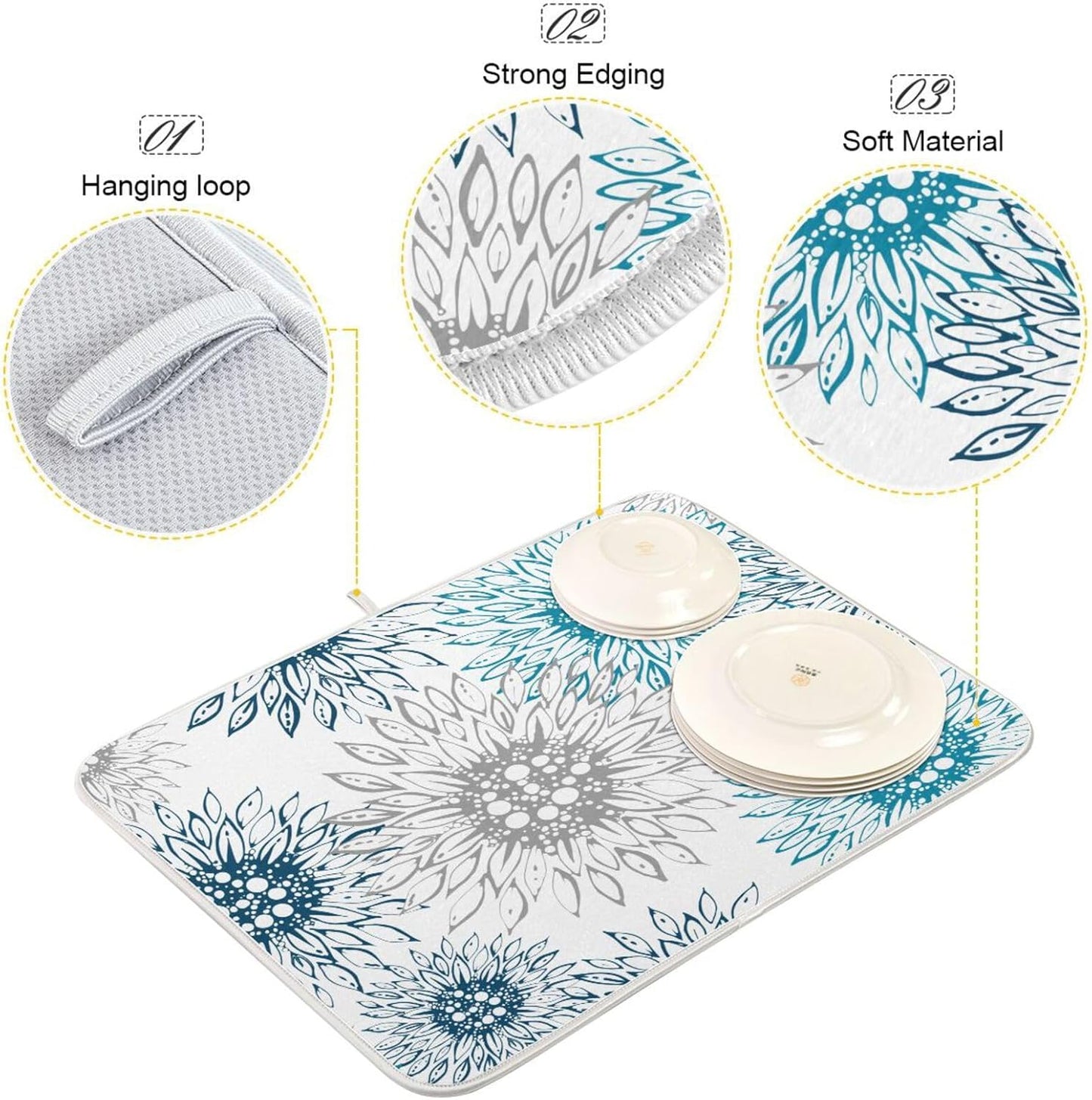 Abstract Flowers Sunflowers Dish Drying Mat for Kitchen Counter Absorbent Microfiber Drying Pad, Large 18x24 in, Blue White Reversible Drainer Mats