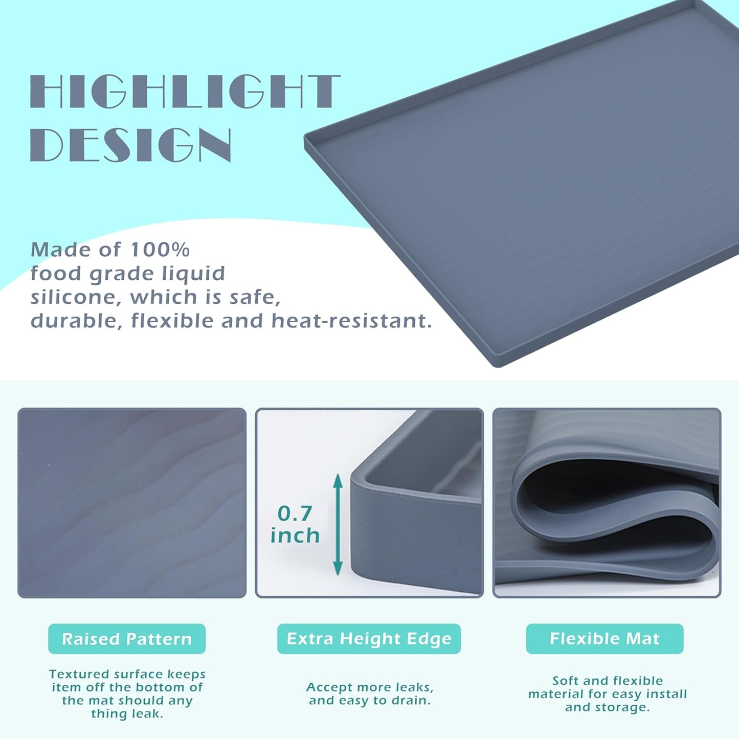 URMONA Waterproof Silicone Under Sink Mat 19'' x 12'' Shelf Liner for Kitchen and Bathroom, Cabinet and Counter Protector, Storage and Organizers, Litter Mat, Pet Cat Puppy Essentials(Light Grey)