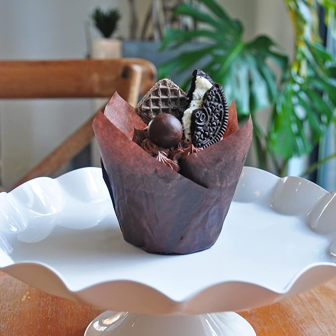 Large size Brown Tulip Baking Cups 2-1/4"(Base diameter) x 4"(Wall height) Greaseproof paper baking cupcake Muffin liners, Case of 130 pcs