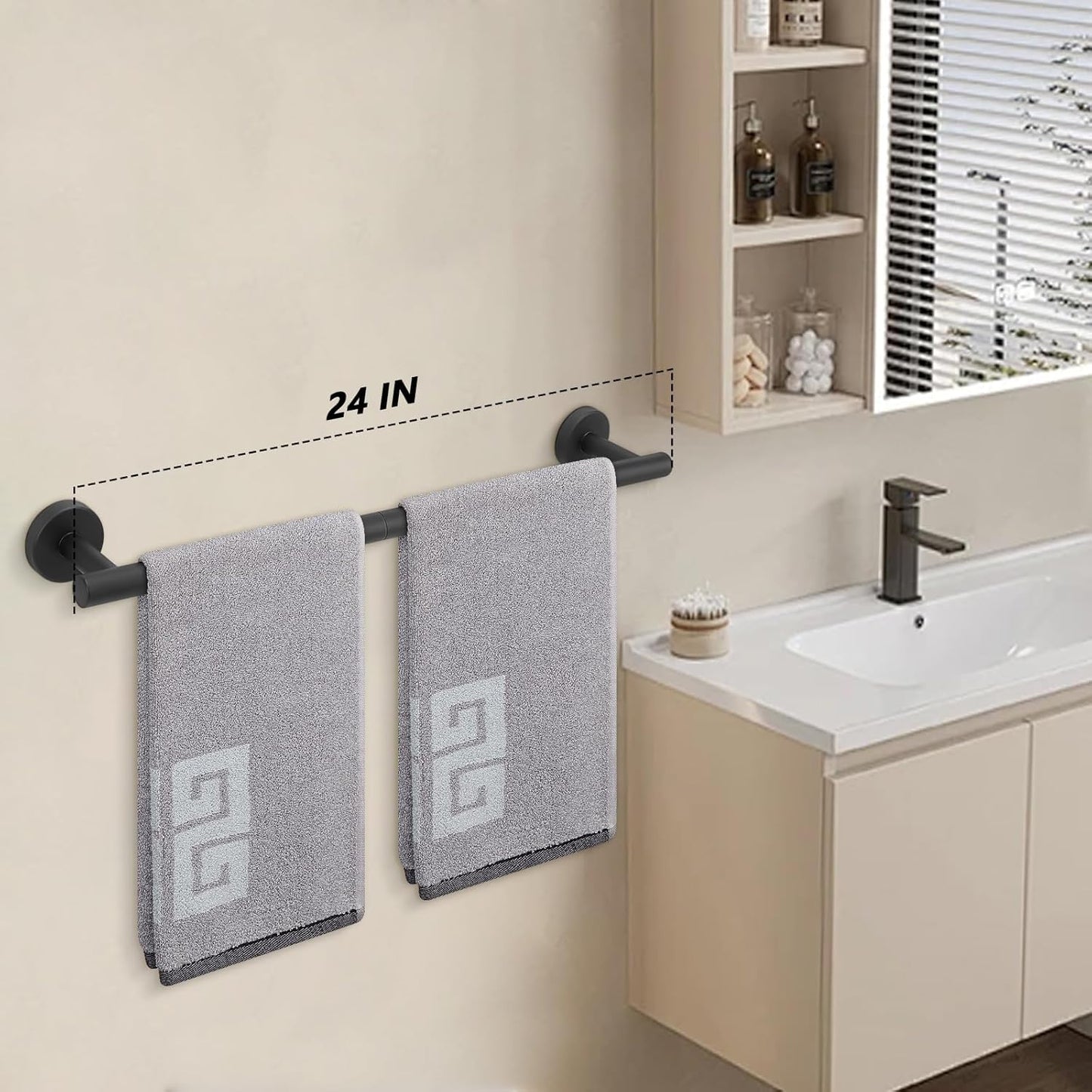 NearMoon Bath Towel Bar, Bath Accessories Thicken Stainless Steel Shower Towel Rack for Bathroom, Towel Holder Wall Mounted (1 Pack, Matte Black, 24 Inch)