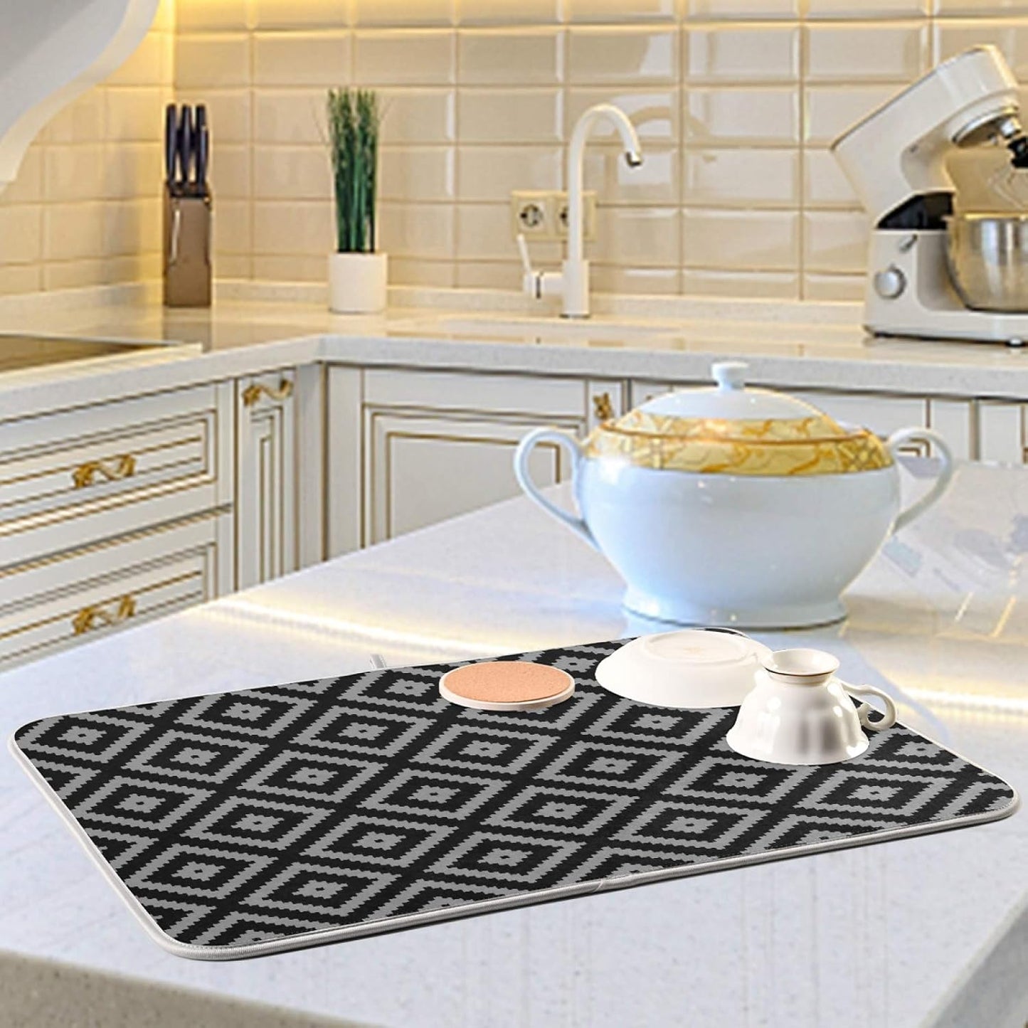 Super Absorbent Dish Drying Mat, Microfiber Fast-Drying Dish Mat, 16" x 18, Kitchen Dish Drying Pad, Black Moroccan Rhombus Plaid