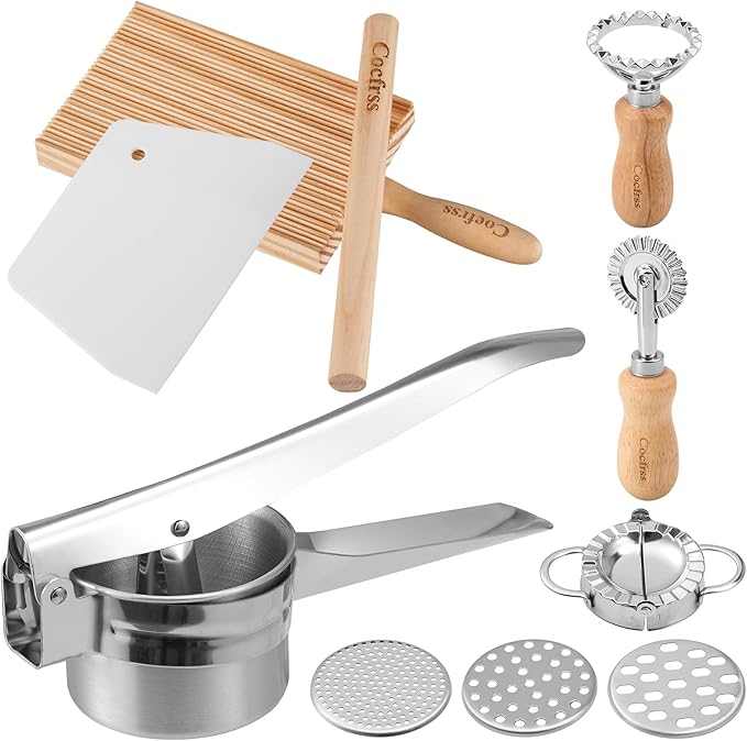 7 Pcs Potato Ricer & Gnocchi Board Kit with Dough Scraper, Ravioli Cutter, Empanada Press, Round Ravioli Mold, Ravioli Rolling Pin, Stainless Steel Ricer for Mashed Potatoes