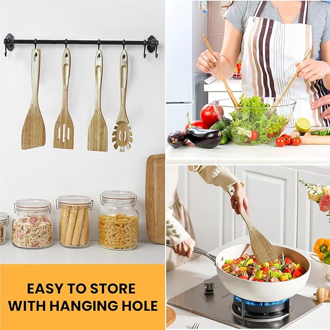 GEEKHOM Bamboo Spatulas for Nonstick Cookware, 13 Inch Wooden Kitchen Utensils, 4 Pack Wooden Spatula for Cooking, Slotted Wok Turners, Flipper for Pancake, Fish, Egg