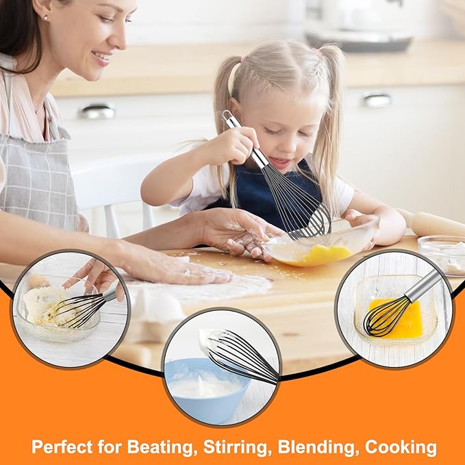 HOTEC 4 Pieces Silicone Whisks Set, Wire Balloon Whisks Egg Beater, Non-slip Handle Whisk for Non-stick Cookware Perfect for Cooking, Stirring, Beating and Blending (Black)