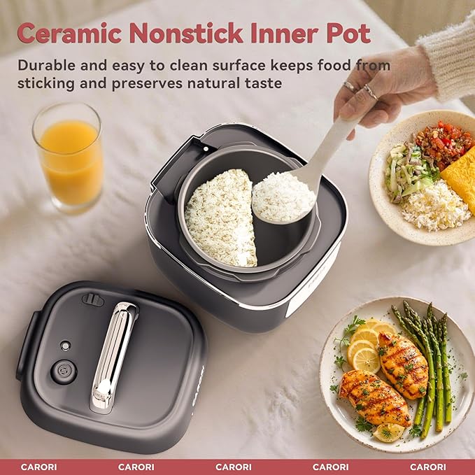 CARORI Electric Pressure Cooker 3QT, 8-Function Compact Multi-Cooker with Ceramic Nonstick Pot for Saute, Pressure Cook, Slow Cook, Meat Stew, Rice, Delay Start, Keep Warm, Safe Venting, Gray