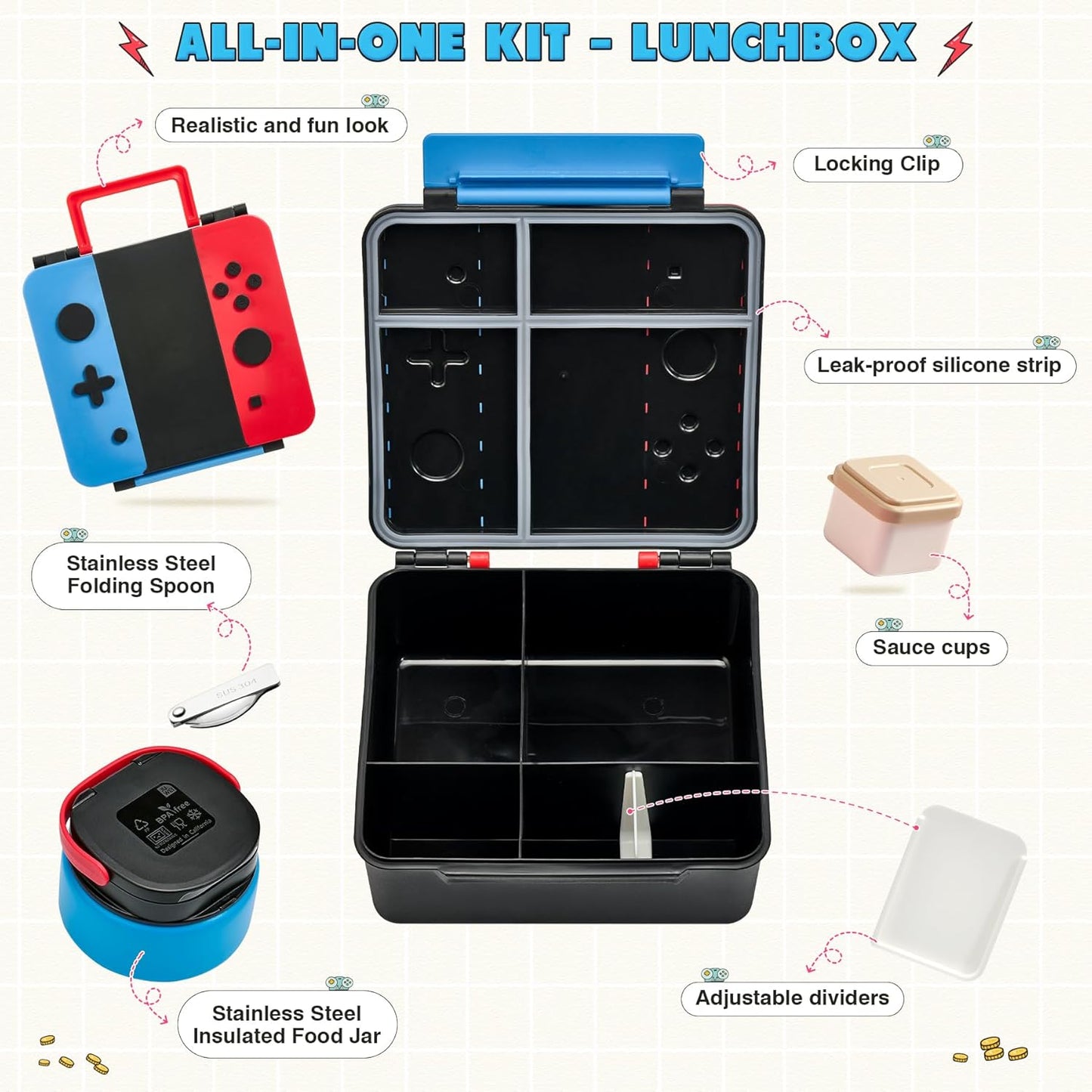 Game Lunch Box for Kids with Thermo, 9 OZ Stainless Food Jar & Insulated Lunch Bag, BPA-Free Kids Lunch Bento Box with Sauce Cup, Leakproof Lunch Box Set for Boys & Girs, School, Travel