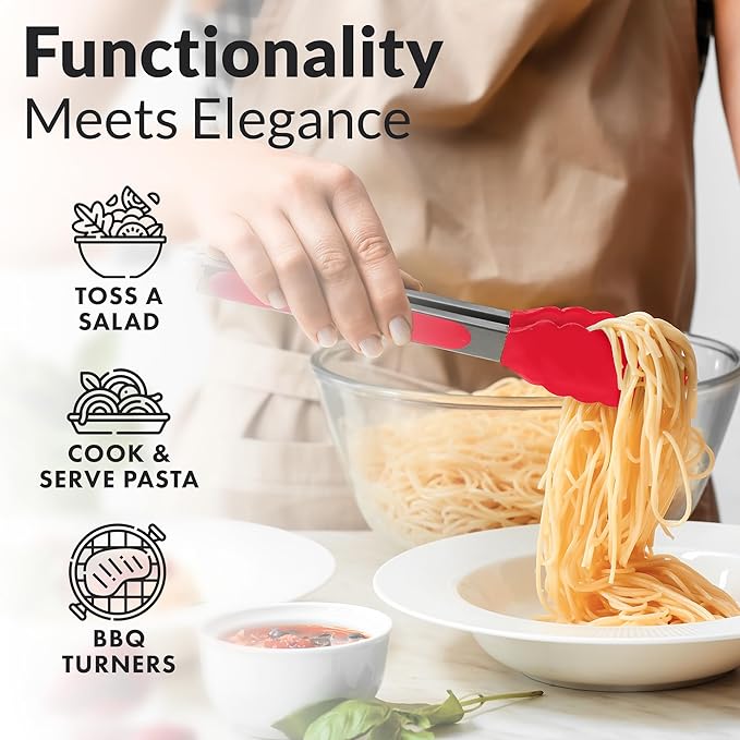 Zulay Stainless Steel Kitchen Tongs with Silicone Tips - Set of 2 (9” & 12”) Locking Cooking Tongs with Non-Slip Grip - Heat Resistant, BBQ Food Tongs for Non-Stick Cooking Pans (Silver/Soft Red)