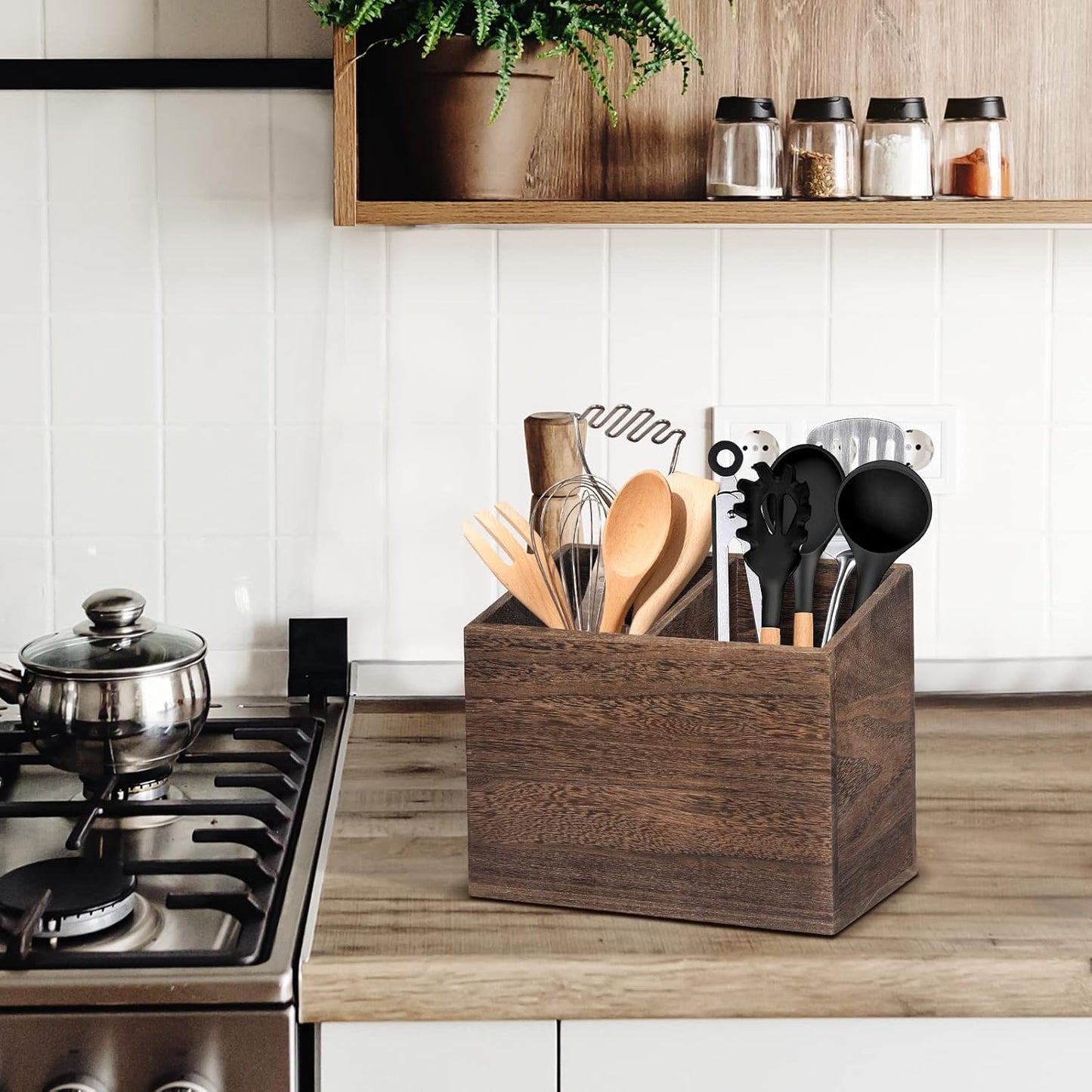 Wooden Kitchen Utensil Caddy With 2 Compartments, Rustic Utensil Holder for Kitchen Countertop, Wood Utensil Crock Organizer Box for Farmhouse Kitchen Decor (brown)