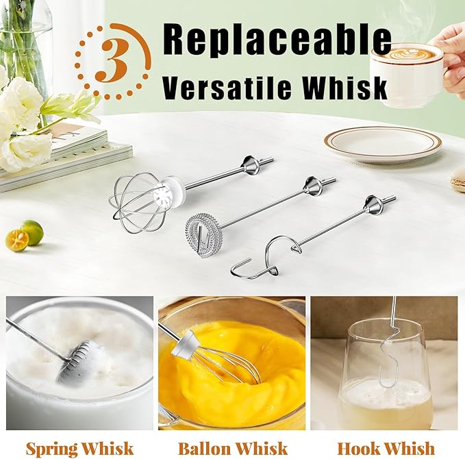 Nahida Baby Blue Milk Frother Wand for Coffee, Frother Handheld Rechargeable Electric Whisk with 3 Heads 3 Speeds Drink Mixer Coffee Frother Foam Maker For Latte, Cappuccino, Hot Chocolate, Egg