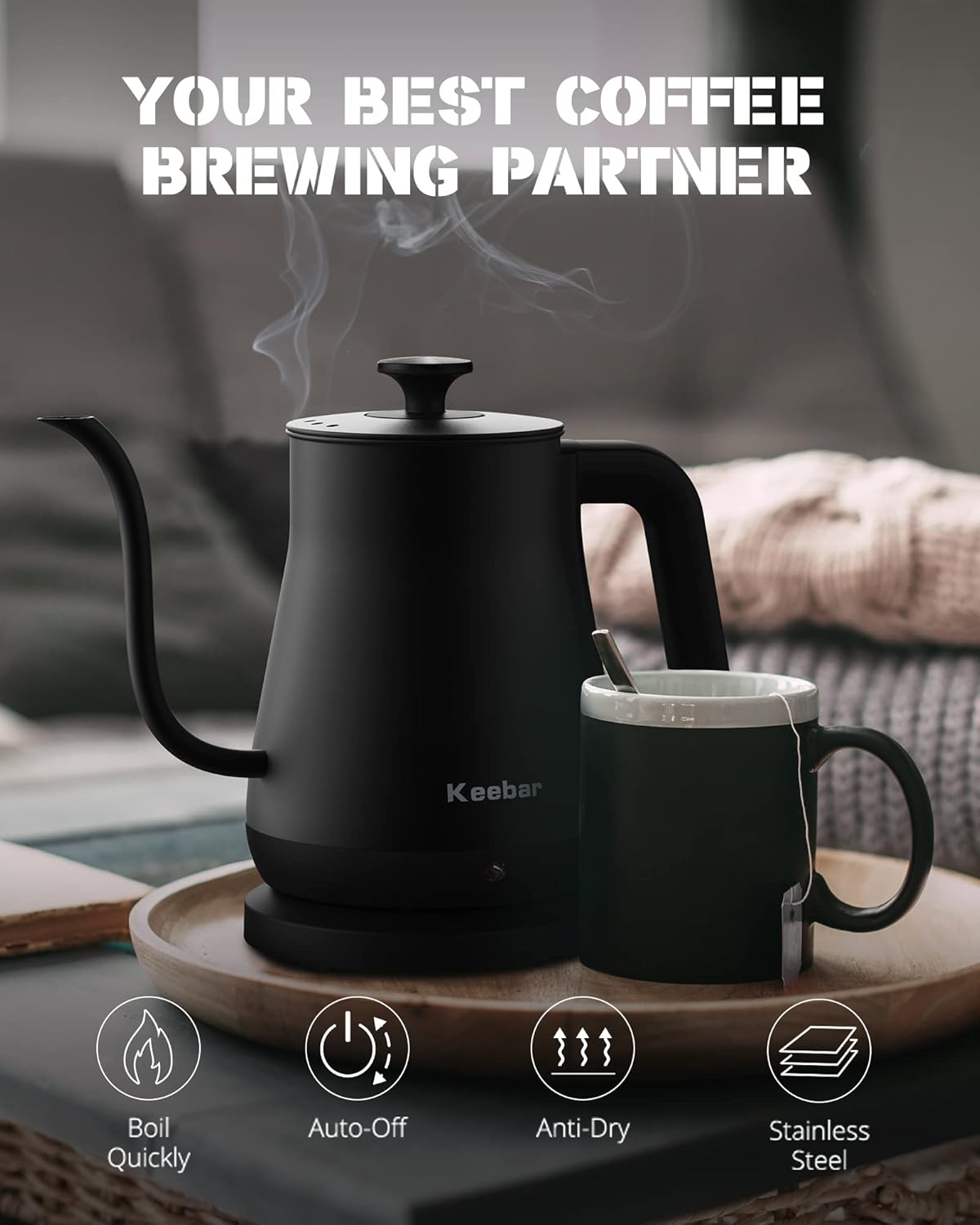 Electric Kettle, Gooseneck Kettle with Auto Shut Off, 0.8L Small Eletric Tea Kettle, Precise Spout Designed for Coffee Tea, 1000W Quick Heat Up, Stainless Steel, Matte Black
