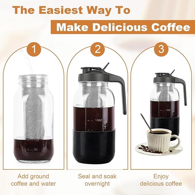 Cold Brew Coffee Maker, 64oz Mason Jar Pitcher with Stainless Steel Filter, Leak-Proof Lid with Pour Spout & Handle, Heavy Duty Glass Iced Coffee Tea Brewer with Protective Silicone Sleeve-Black
