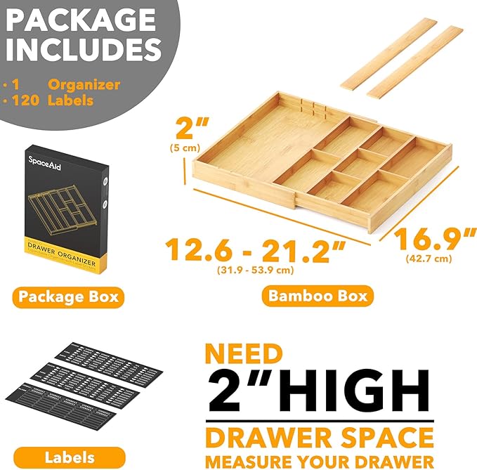SpaceAid Bamboo Utensil Drawer Organizer with Labels, Kitchen Silverware Expandable Tray Holder Organizer for Flatware, Cutlery, Spoon and Knives Drawer Storage Organization (Natural)