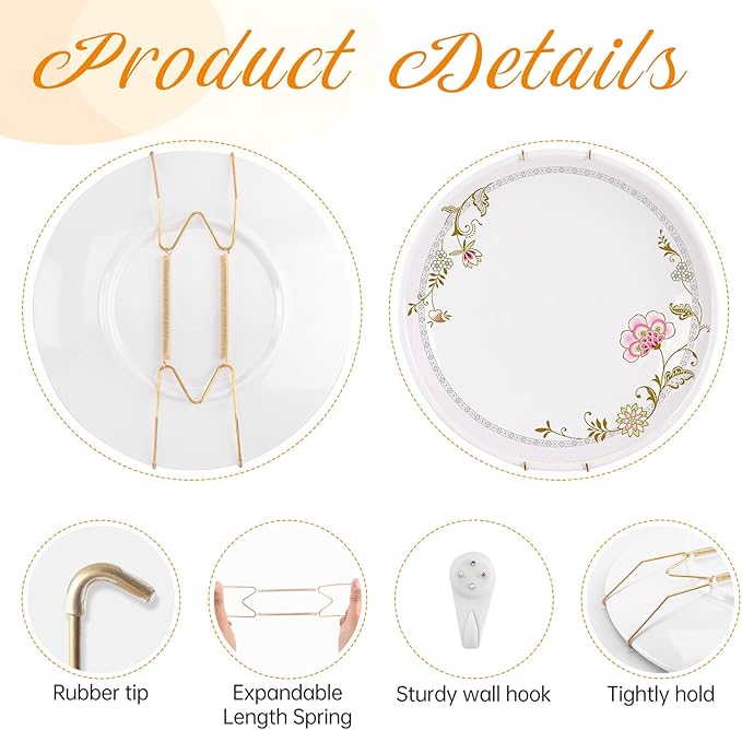 3 Pack Plate Hangers for The Wall, Suitable for 9-11 inch Art Plate, Stainless Steel Invisible Heavy Duty Wire Plate Holder with Wall Hooks, Plate Hangers for Displaying Plates, Platter, Dish, Gold