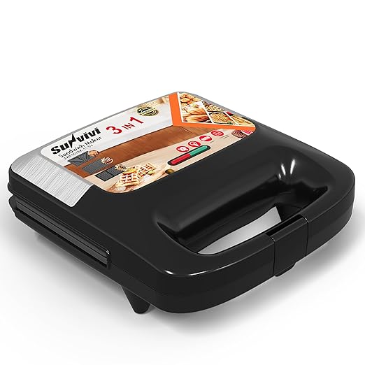 SUNVIVIPRO 3 in 1 Waffle, Grill & Sandwich Maker, Sandwich Maker Panini Press Waffle Iron Set with Removable Non-Stick Plates & Indicator Lights, Panini Press Grill for Breakfast, 800W, Silver