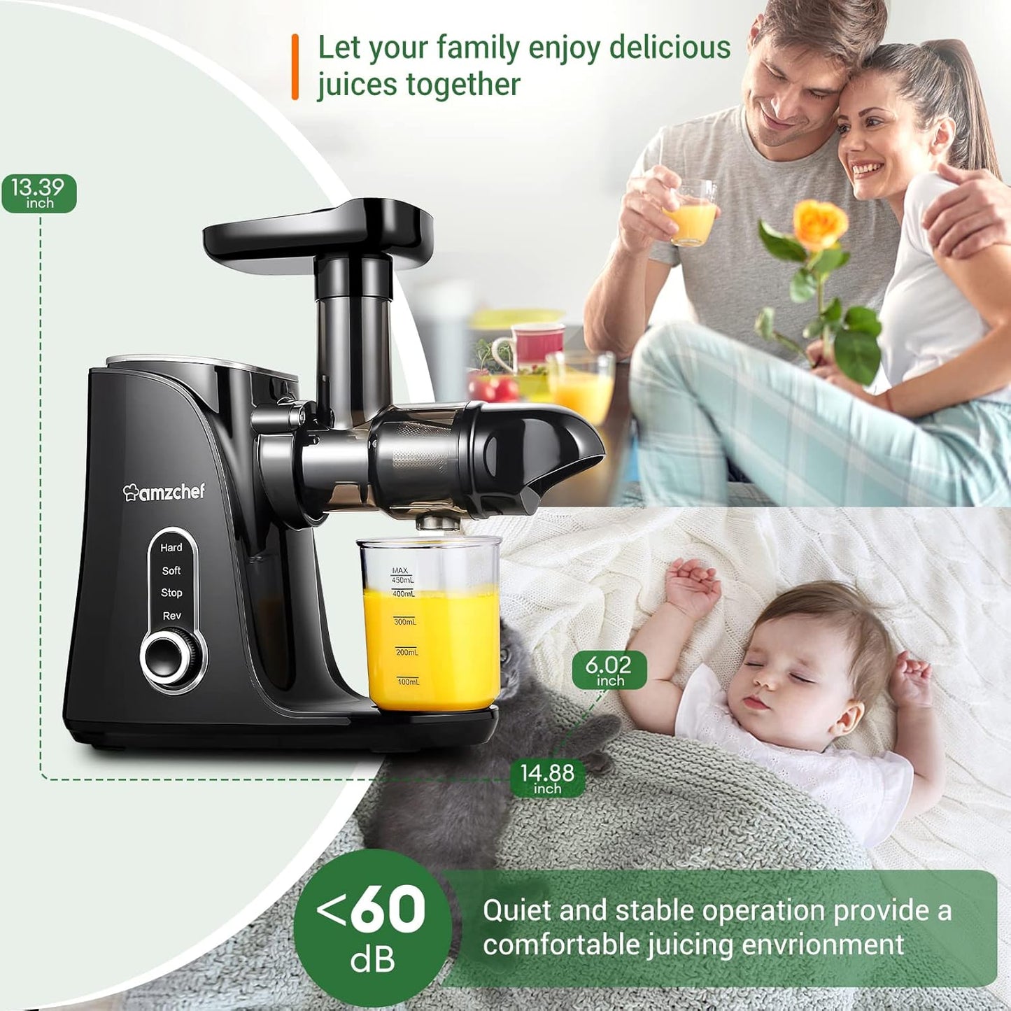 Juicer Machines, AMZCHEF Slow Cold Press Juicer with 2 Speed Modes, Travel bottles(500ML),Easy to Clean Brush & Quiet Motor for Vegetables & Fruits,Matte Black