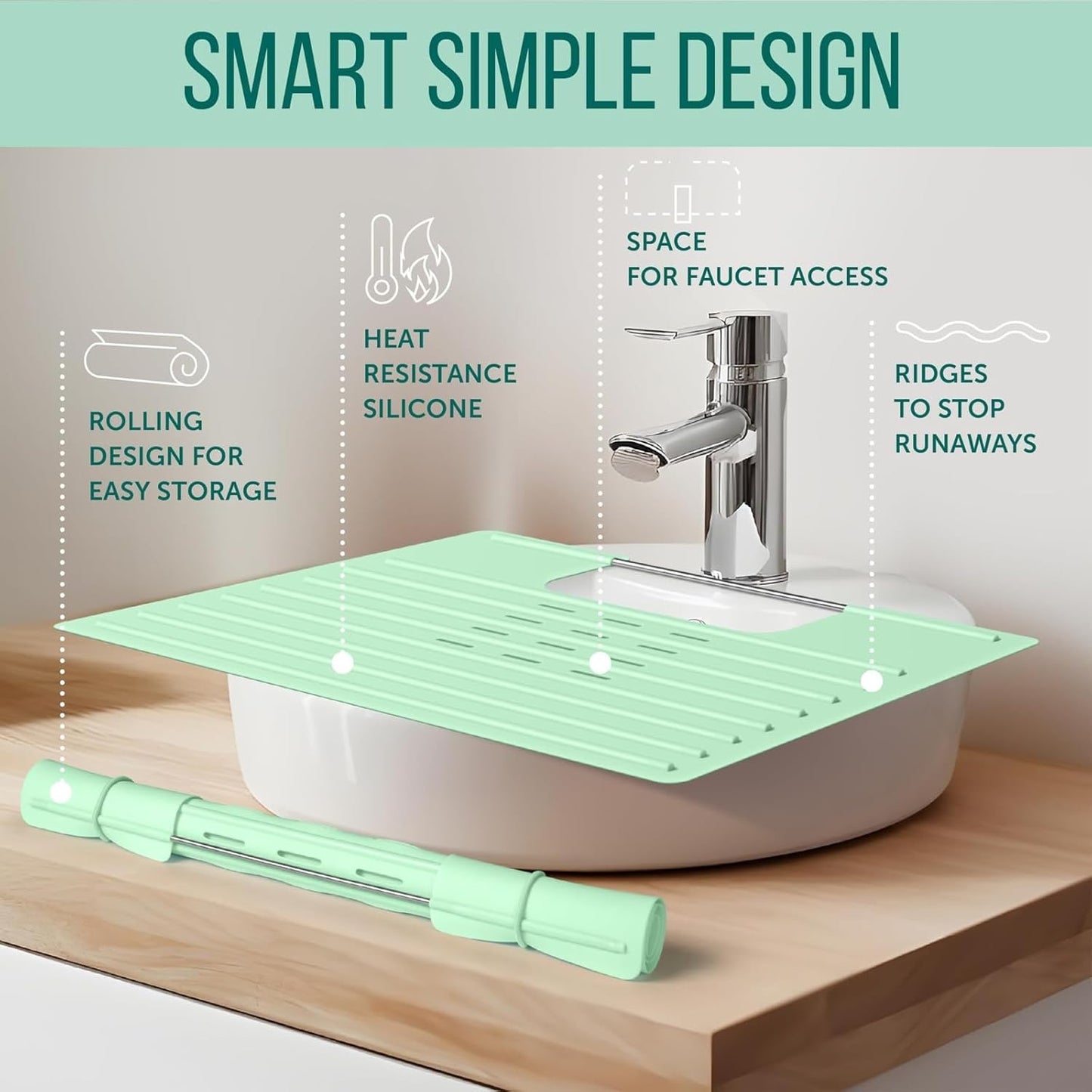Maplefield Bathroom Sink Cover for Counter Space, Heat Resistant Silicone Sink Mat for Your Beauty Routine, Small Bathroom Space Saver Sink Cover for Makeup (Mint Large, 22 x 2 x 2 Inches)