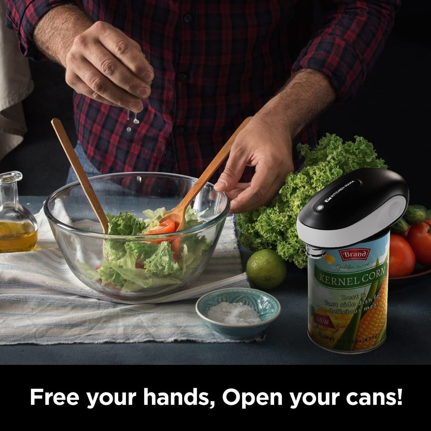 Kitchen Mama One-To-Go Electric Can Opener: One-Touch Operation, Auto-Detect Can Shapes, Auto-Stop, Smooth Edge, Lid Lift, Battery Operated (White)
