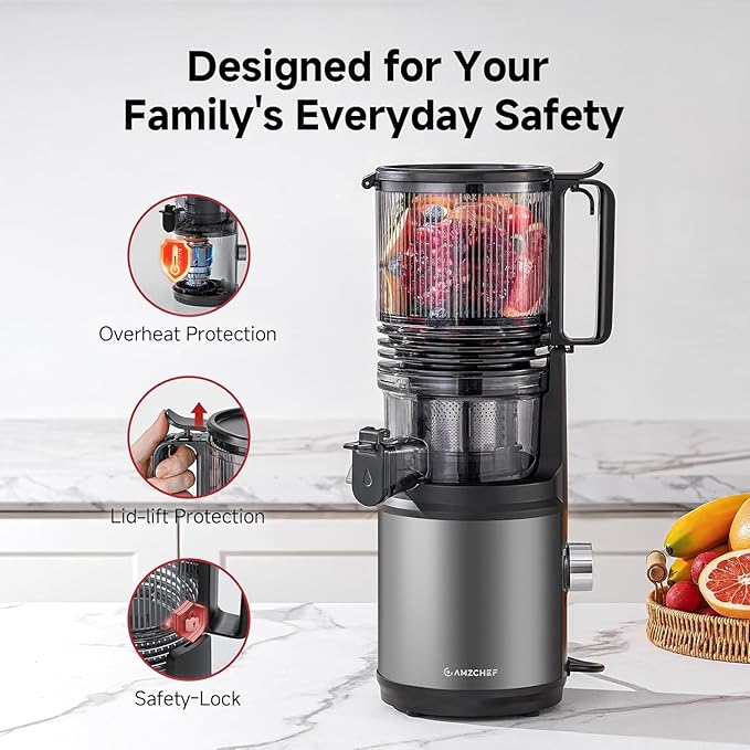 Cold Press Juicer Machine with 6" Extra-Wide Feed Chute,Triple Stainless Steel Filter,Quiet DC Motor,Easy to Clean,Slow Masticating Juicer High Juice Yield,Grey