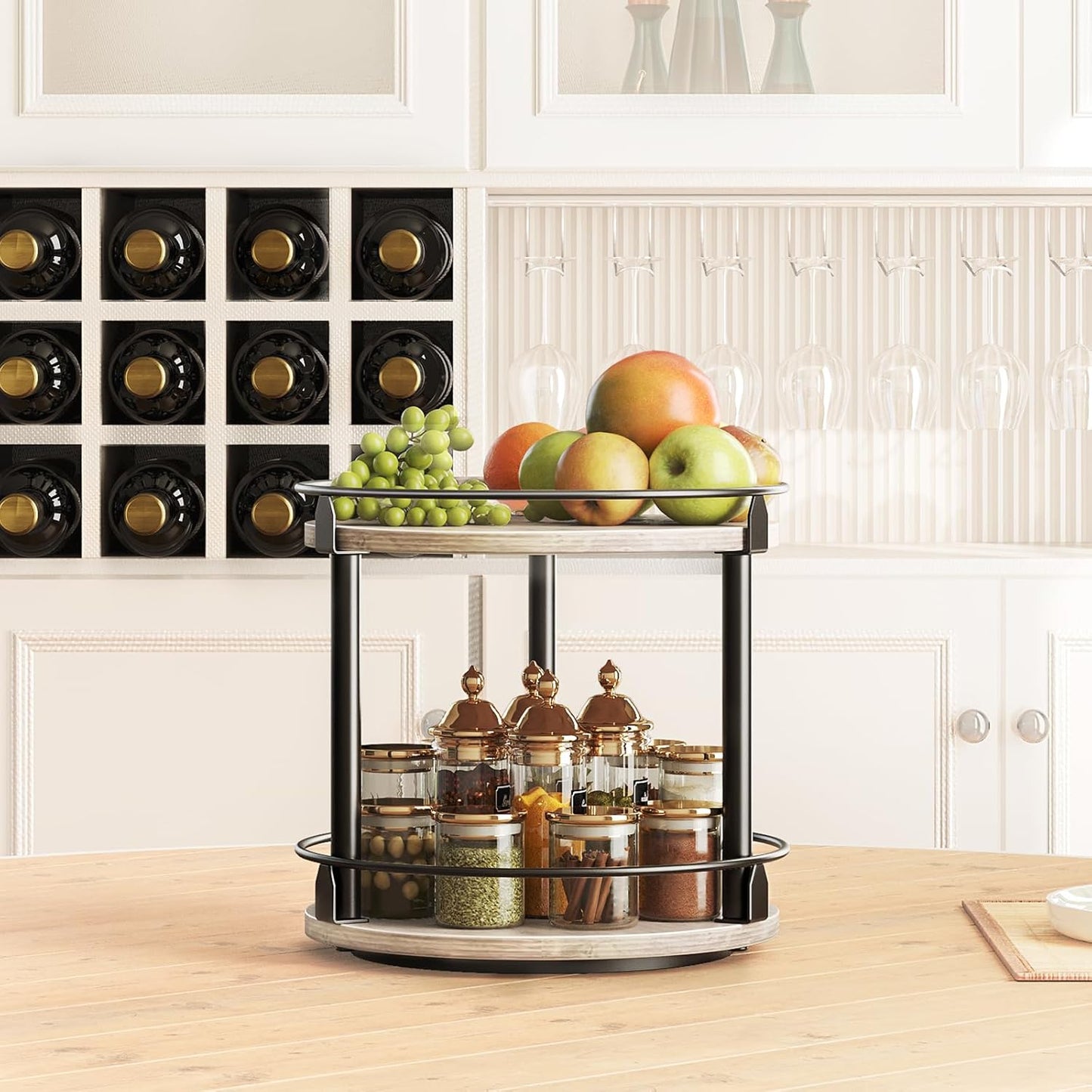 Lazy Susan Organizer, Rotating Spice Rack, 2 Tier Spice Turntable Organizer, Industrial Turntable Spice Holder, for Kitchen Countertop and Cabinet, Compact and Versatile, Greige SR22BG