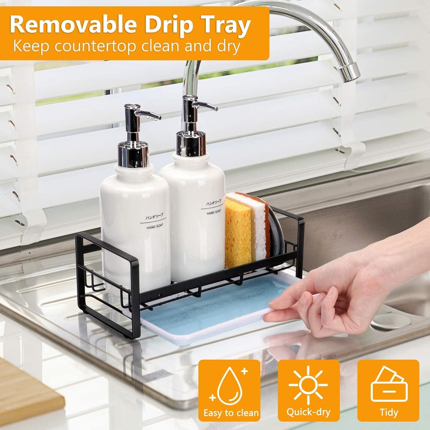 FANGSUN Large Sponge Holder for Kitchen Sink, 304 Stainless Steel Sink Caddy Organizer with Removable Drip Tray, Countertop Dish Soap Holder, Not Include Soap Dispenser, Black